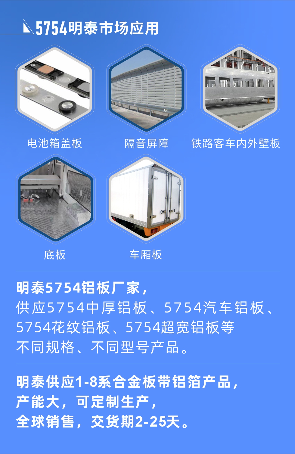 明泰5754鋁板優(yōu)勢(shì)

　　1、可焊接性能強(qiáng)，焊接裂縫的傾向低，焊縫和基體金屬的強(qiáng)度高。

　　2、表面的氧化物較少，軋制板材的表面質(zhì)量好，光滑無裂紋，無腐蝕斑點(diǎn)和硝鹽痕跡。

　　3、5754鋁板屬于中高強(qiáng)度的鋁合金，疲勞性能和耐腐蝕性能好。

　　4、可根據(jù)客戶需求定制不同厚度、不同版型的5754鋁板產(chǎn)品。

　　5754鋁板生產(chǎn)以及包裝要求
　　1、表面不允許有裂紋、腐蝕斑點(diǎn)和硝鹽痕跡。

　　2、表面上允許有深度不超過缺陷所在部位壁厚公稱尺寸8%的起皮、氣泡、表面粗超和局部機(jī)械損傷，但缺陷深度不能超過0.5mm,缺陷總面積不超過板材總面積的5%。

　　3、允許供貨方沿型材縱向打光至表面光滑。

　　4、其他要求：有需求方和供貨方自己擬定。

